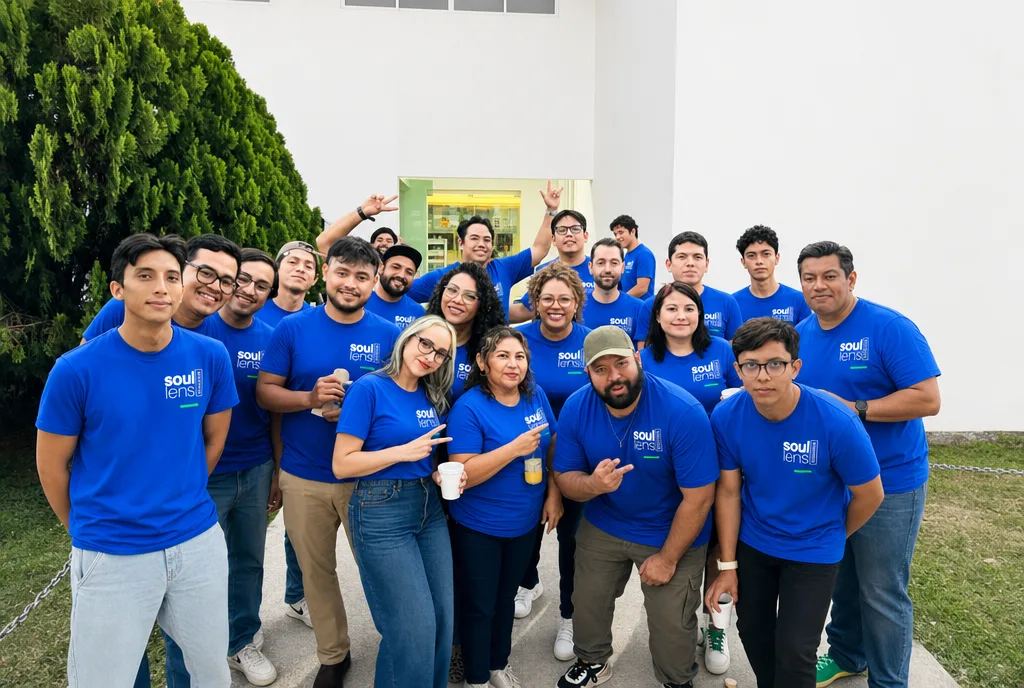 Equipo completo de Soul Lens Studios en Mérida, Yucatán — crew de producción audiovisual, IA y estrategia de marca
