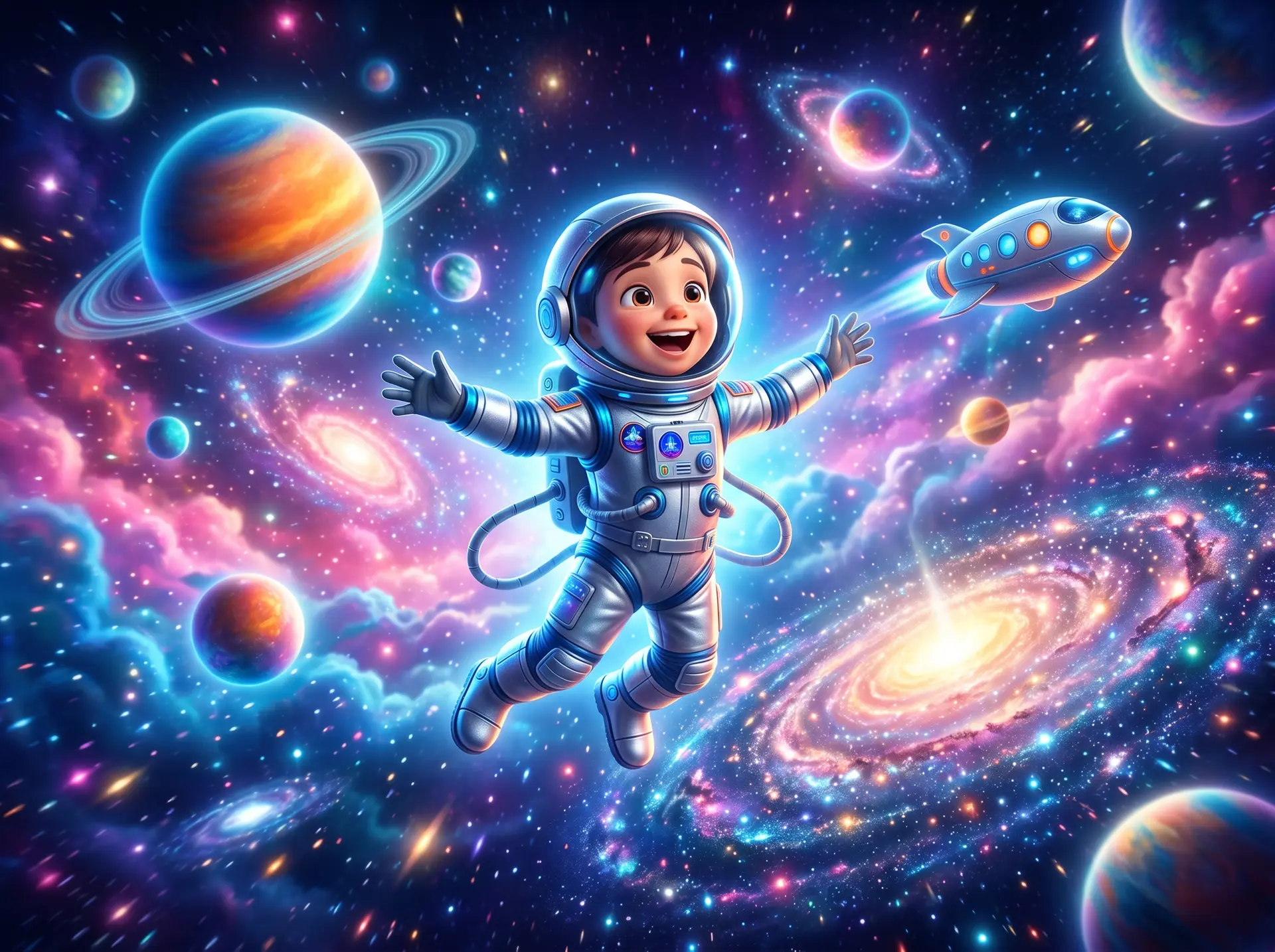 Aventura Espacio Sideral de Soul Story Kids: escena animada premium donde tu hijo es el protagonista.