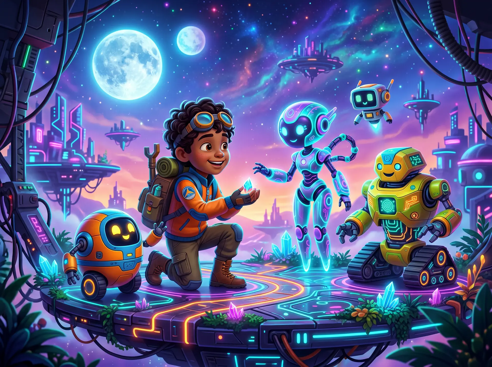 Aventura Planeta Robots de Soul Story Kids: escena animada premium donde tu hijo es el protagonista.